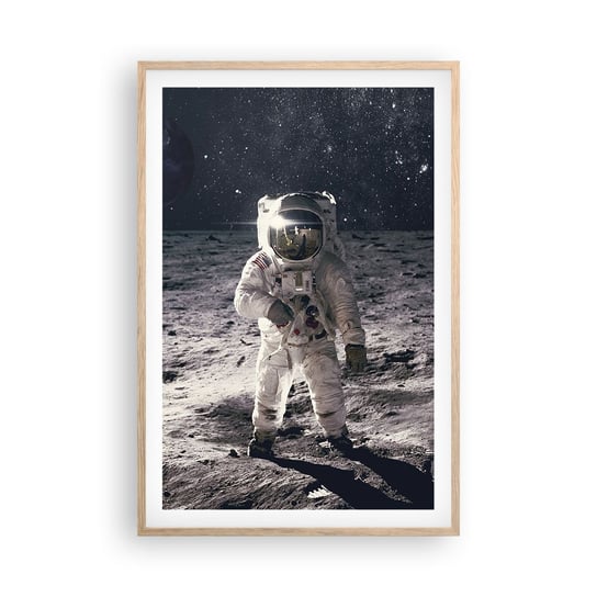 Obraz - Plakat - Pozdrowienia z Księżyca - 61x91cm - Abstrakcja Człowiek Na Księżycu Astronauta - Foto Plakaty na ścianę w ramie jasny dąb - Plakat do Salonu Sypialni ARTTOR ARTTOR