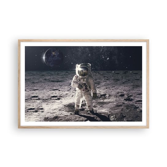 Obraz - Plakat - Pozdrowienia z Księżyca - 91x61cm - Abstrakcja Człowiek Na Księżycu Astronauta - Foto Plakaty na ścianę w ramie jasny dąb - Plakat do Salonu Sypialni ARTTOR ARTTOR