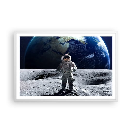 Obraz - Plakat - Pozdrowienia z Księżyca - 91x61cm - Astronauta Księżyc Planeta Ziemia - Foto Plakaty na ścianę w ramie białej - Plakat do Salonu Sypialni ARTTOR ARTTOR