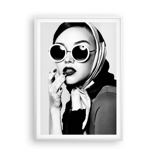 Obraz - Plakat - Pozdrowienia z lat 60. - 70x100cm - Kobieta Twarz Kobiety Vintage - Foto Plakaty w ramie koloru białego do Salonu Sypialni ARTTOR ARTTOR