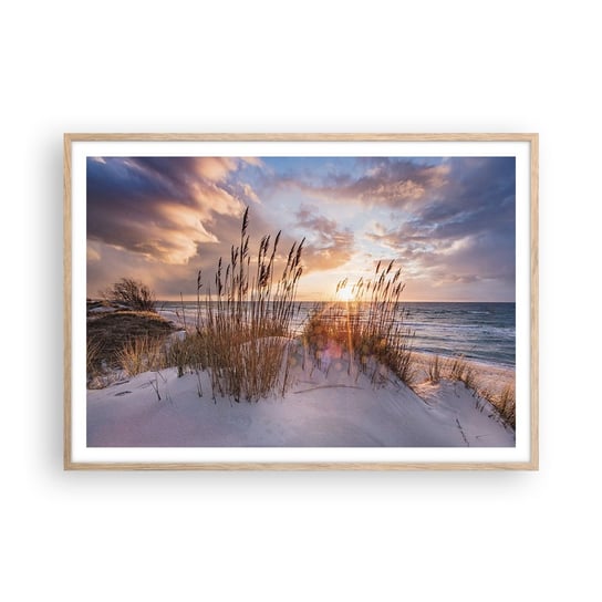 Obraz - Plakat - Pożegnanie słońca i wiatru - 100x70cm - Krajobraz Morze Plaża - Foto Plakaty w ramie koloru jasny dąb do Salonu Sypialni ARTTOR ARTTOR