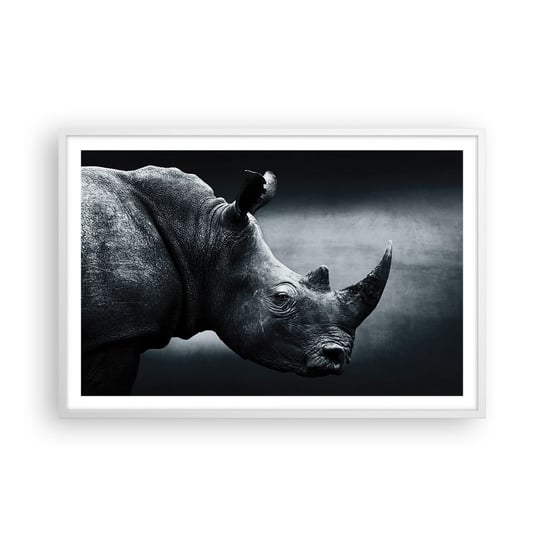 Obraz - Plakat - Prawy profil - 91x61cm - Nosorożec Czarno-Biały Zwierzęta - Foto Plakaty na ścianę w ramie białej - Plakat do Salonu Sypialni ARTTOR ARTTOR