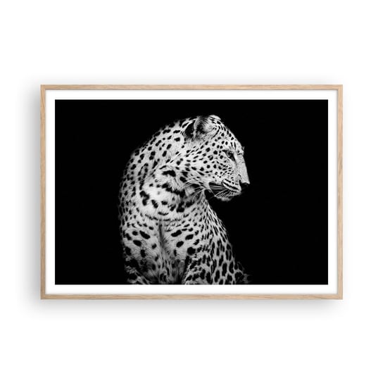 Obraz - Plakat - Prawy profil doskonały! - 100x70cm - Zwierzęta Lampart Czarno-Biały - Foto Plakaty w ramie koloru jasny dąb do Salonu Sypialni ARTTOR ARTTOR