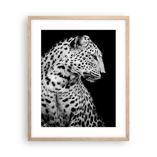 Obraz - Plakat - Prawy profil doskonały! - 40x50cm - Zwierzęta Lampart Czarno-Biały - Foto Plakaty w ramie koloru jasny dąb do Salonu Sypialni ARTTOR ARTTOR