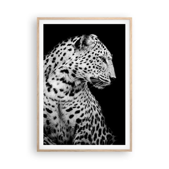 Obraz - Plakat - Prawy profil doskonały! - 70x100cm - Zwierzęta Lampart Czarno-Biały - Foto Plakaty w ramie koloru jasny dąb do Salonu Sypialni ARTTOR ARTTOR