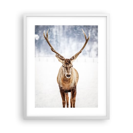Obraz - Plakat - Prosto ze śnieżnej mgły - 40x50cm - Renifer Zwierzęta Zima - Foto Plakaty w ramie koloru białego do Salonu Sypialni ARTTOR ARTTOR