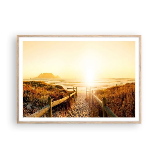 Obraz - Plakat - Przez wydmę, w stronę słońca - 100x70cm - Krajobraz Plaża Zachód Słońca - Foto Plakaty w ramie koloru jasny dąb do Salonu Sypialni ARTTOR ARTTOR
