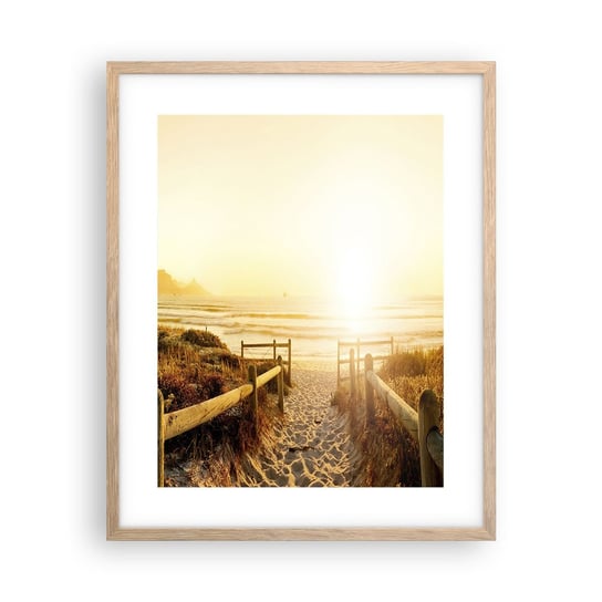 Obraz - Plakat - Przez wydmę, w stronę słońca - 40x50cm - Krajobraz Plaża Zachód Słońca - Foto Plakaty w ramie koloru jasny dąb do Salonu Sypialni ARTTOR ARTTOR
