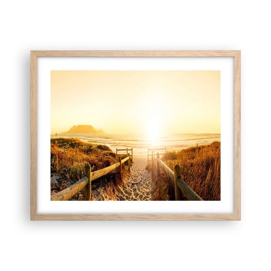 Obraz - Plakat - Przez wydmę, w stronę słońca - 50x40cm - Krajobraz Plaża Zachód Słońca - Foto Plakaty w ramie koloru jasny dąb do Salonu Sypialni ARTTOR ARTTOR