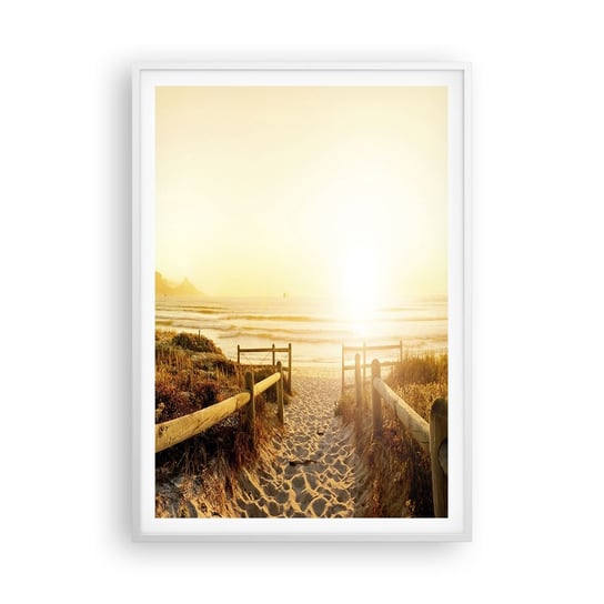 Obraz - Plakat - Przez wydmę, w stronę słońca - 70x100cm - Krajobraz Plaża Zachód Słońca - Foto Plakaty w ramie koloru białego do Salonu Sypialni ARTTOR ARTTOR