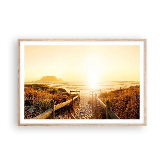 Obraz - Plakat - Przez wydmę, w stronę słońca - 91x61cm - Krajobraz Plaża Zachód Słońca - Foto Plakaty na ścianę w ramie jasny dąb - Plakat do Salonu Sypialni ARTTOR ARTTOR