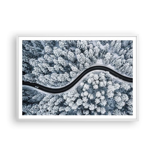 Obraz - Plakat - Przez zimowy las - 100x70cm - Krajobraz Las Droga Samochodowa - Foto Plakaty w ramie koloru białego do Salonu Sypialni ARTTOR ARTTOR