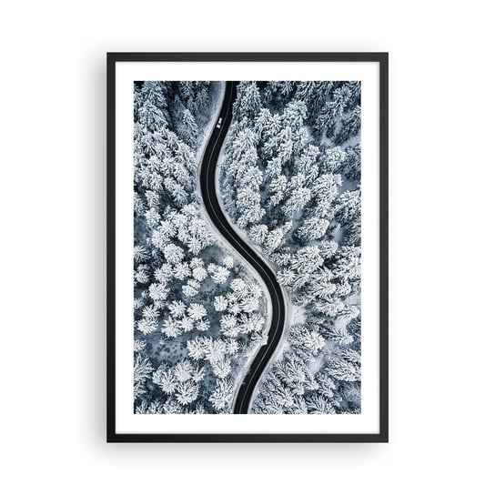 Obraz - Plakat - Przez zimowy las - 50x70cm - Krajobraz Las Droga Samochodowa - Nowoczesny modny obraz Plakat czarna rama ARTTOR ARTTOR