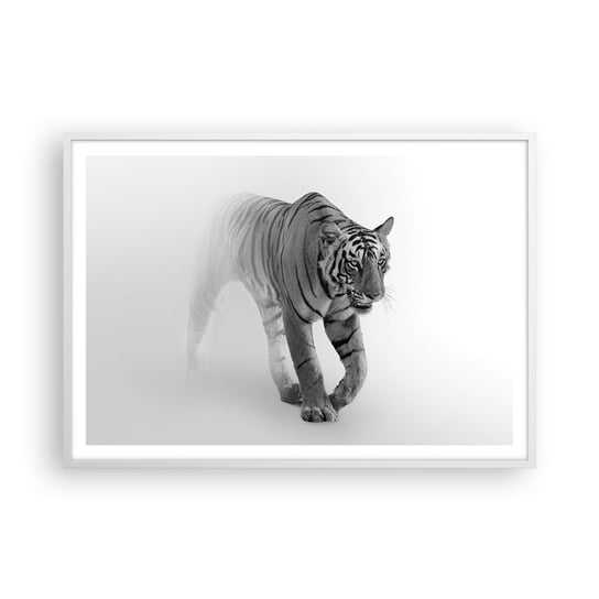 Obraz - Plakat - Przyczajony we mgle - 100x70cm - Zwierzęta Tygrys Drapieżnik - Foto Plakaty w ramie koloru białego do Salonu Sypialni ARTTOR ARTTOR