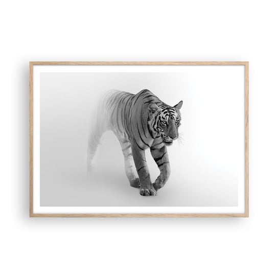 Obraz - Plakat - Przyczajony we mgle - 100x70cm - Zwierzęta Tygrys Drapieżnik - Foto Plakaty w ramie koloru jasny dąb do Salonu Sypialni ARTTOR ARTTOR