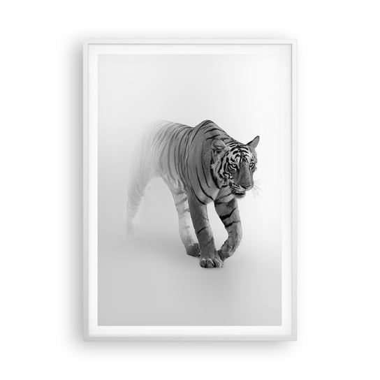 Obraz - Plakat - Przyczajony we mgle - 70x100cm - Zwierzęta Tygrys Drapieżnik - Foto Plakaty w ramie koloru białego do Salonu Sypialni ARTTOR ARTTOR