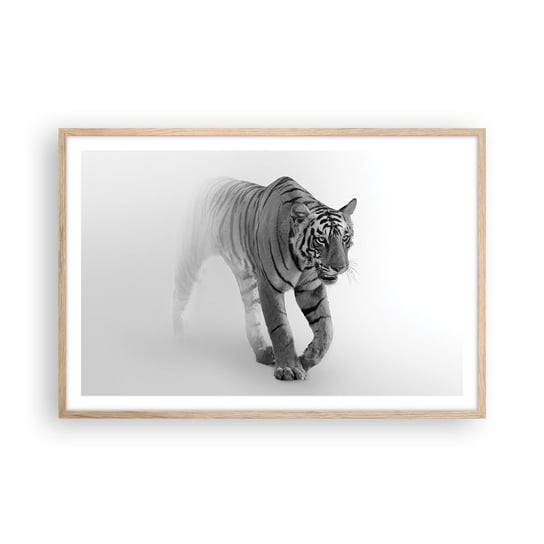 Obraz - Plakat - Przyczajony we mgle - 91x61cm - Zwierzęta Tygrys Drapieżnik - Foto Plakaty na ścianę w ramie jasny dąb - Plakat do Salonu Sypialni ARTTOR ARTTOR