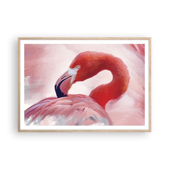 Obraz - Plakat - Ptasia uroda - 100x70cm - Flaming Ptak Natura - Foto Plakaty w ramie koloru jasny dąb do Salonu Sypialni ARTTOR ARTTOR
