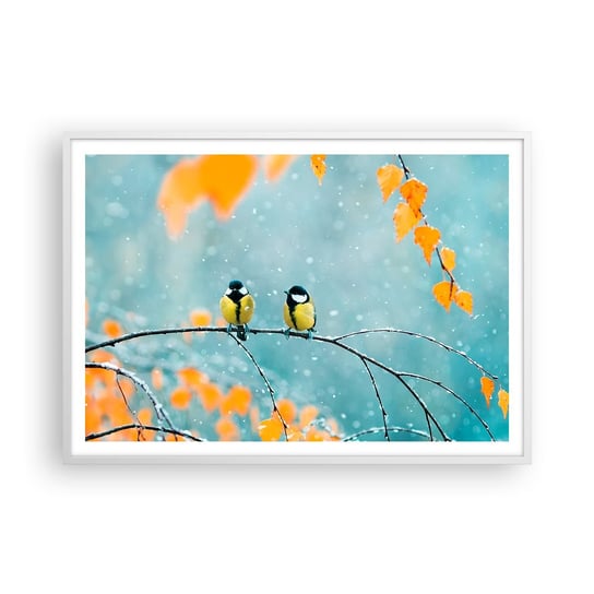 Obraz - Plakat - Ptasie plotki - 100x70cm - Ptaki Natura Zima - Foto Plakaty w ramie koloru białego do Salonu Sypialni ARTTOR ARTTOR