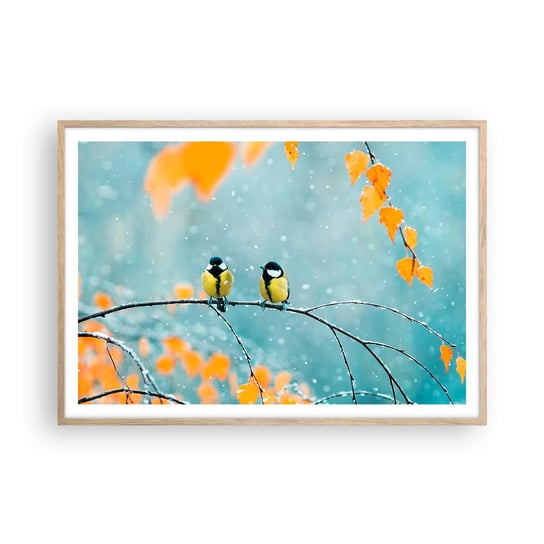 Obraz - Plakat - Ptasie plotki - 100x70cm - Ptaki Natura Zima - Foto Plakaty w ramie koloru jasny dąb do Salonu Sypialni ARTTOR ARTTOR