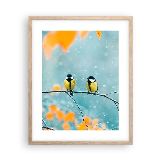 Obraz - Plakat - Ptasie plotki - 40x50cm - Ptaki Natura Zima - Foto Plakaty w ramie koloru jasny dąb do Salonu Sypialni ARTTOR ARTTOR
