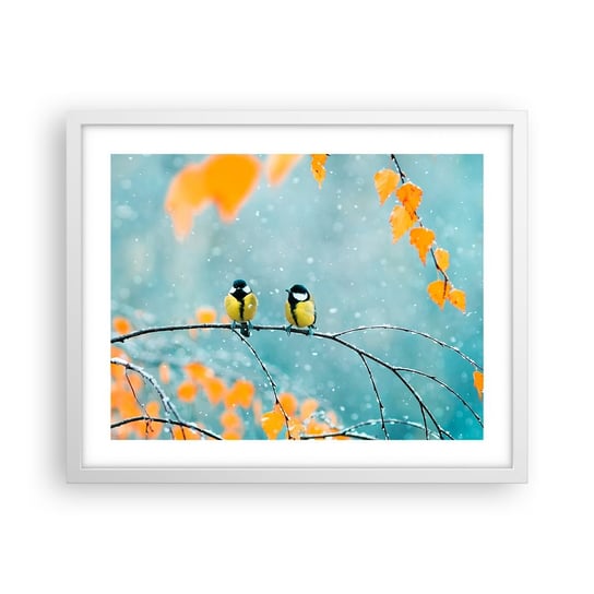 Obraz - Plakat - Ptasie plotki - 50x40cm - Ptaki Natura Zima - Foto Plakaty w ramie koloru białego do Salonu Sypialni ARTTOR ARTTOR
