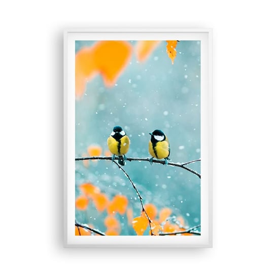 Obraz - Plakat - Ptasie plotki - 61x91cm - Ptaki Natura Zima - Foto Plakaty na ścianę w ramie białej - Plakat do Salonu Sypialni ARTTOR ARTTOR