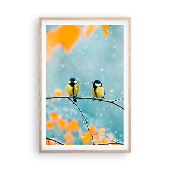 Obraz - Plakat - Ptasie plotki - 61x91cm - Ptaki Natura Zima - Foto Plakaty na ścianę w ramie jasny dąb - Plakat do Salonu Sypialni ARTTOR ARTTOR