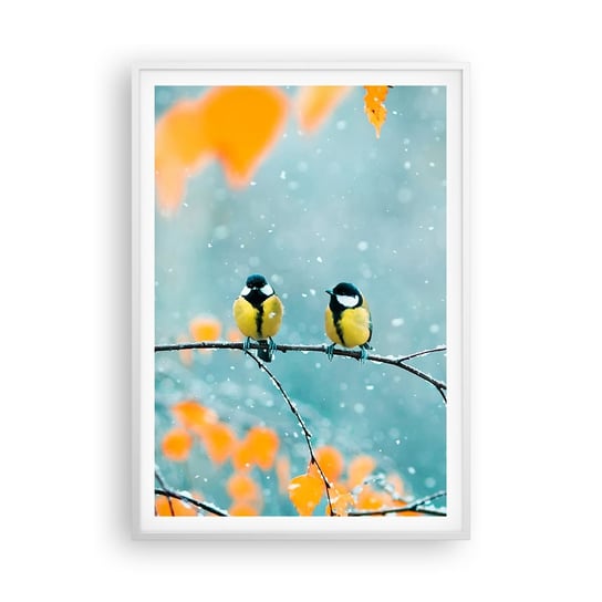 Obraz - Plakat - Ptasie plotki - 70x100cm - Ptaki Natura Zima - Foto Plakaty w ramie koloru białego do Salonu Sypialni ARTTOR ARTTOR