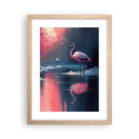 Obraz - Plakat - Ptasie ustronie - 30x40cm - Flamingi Pejzaż Natura - Foto Plakaty na ścianę w ramie jasny dąb - Plakat do Salonu Sypialni ARTTOR ARTTOR