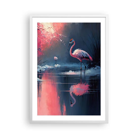 Obraz - Plakat - Ptasie ustronie - 50x70cm - Flamingi Pejzaż Natura - Nowoczesny modny obraz Plakat rama biała ARTTOR ARTTOR