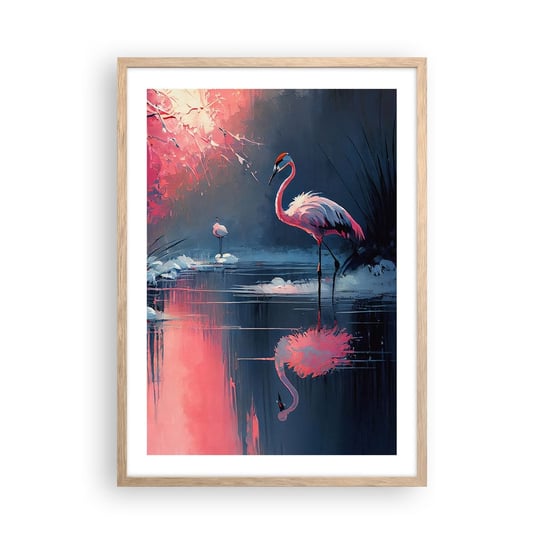 Obraz - Plakat - Ptasie ustronie - 50x70cm - Flamingi Pejzaż Natura - Nowoczesny modny obraz Plakat rama jasny dąb ARTTOR ARTTOR