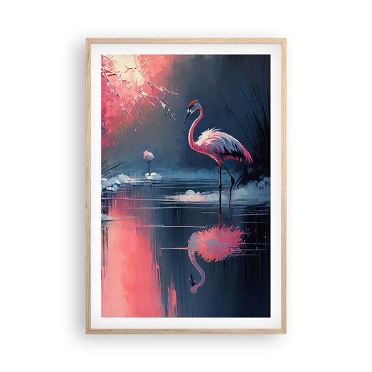 Obraz - Plakat - Ptasie ustronie - 61x91cm - Flamingi Pejzaż Natura - Foto Plakaty na ścianę w ramie jasny dąb - Plakat do Salonu Sypialni ARTTOR ARTTOR