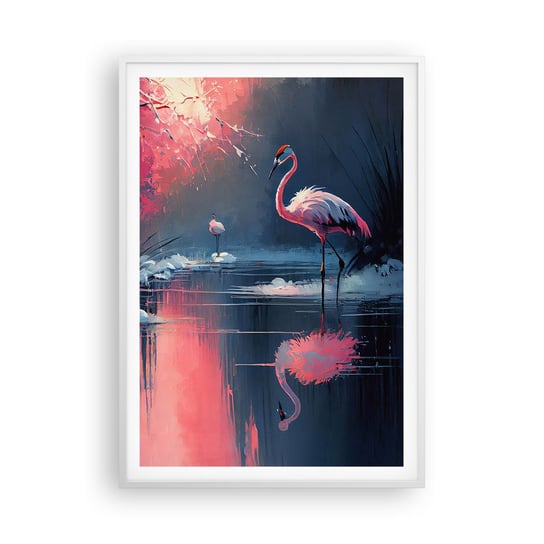 Obraz - Plakat - Ptasie ustronie - 70x100cm - Flamingi Pejzaż Natura - Foto Plakaty w ramie koloru białego do Salonu Sypialni ARTTOR ARTTOR