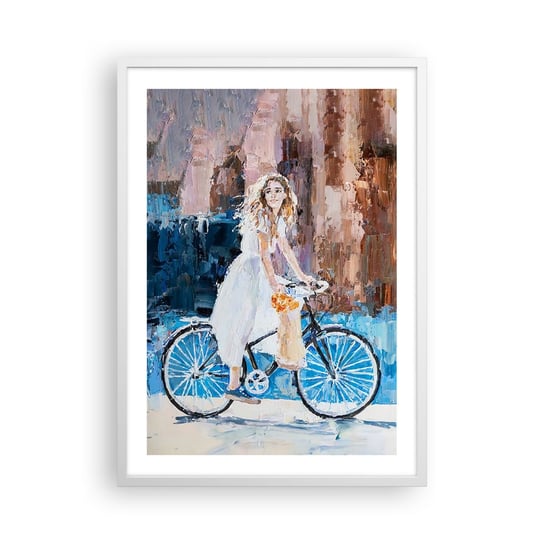 Obraz - Plakat - Radość o poranku - 50x70cm - Dziewczyna Rower Olejny - Nowoczesny modny obraz Plakat rama biała ARTTOR ARTTOR