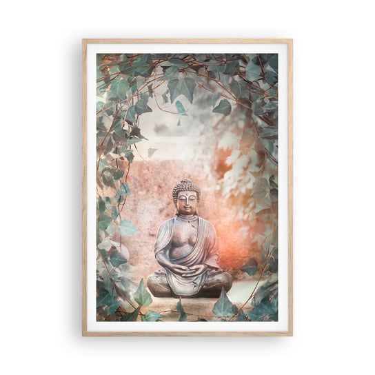 Obraz - Plakat - Radosna harmonia - 70x100cm - Budda Rzeźba Indie - Foto Plakaty w ramie koloru jasny dąb do Salonu Sypialni ARTTOR ARTTOR