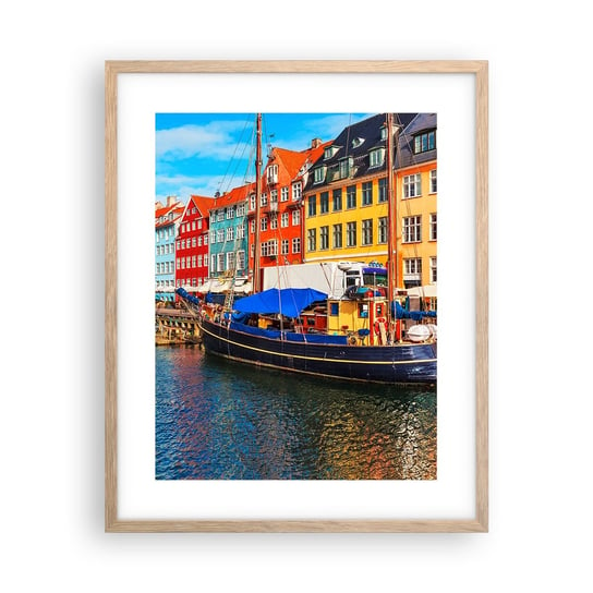 Obraz - Plakat - Radosne nabrzeże - 40x50cm - Kopenhaga Stare Miasto Architektura - Foto Plakaty w ramie koloru jasny dąb do Salonu Sypialni ARTTOR ARTTOR