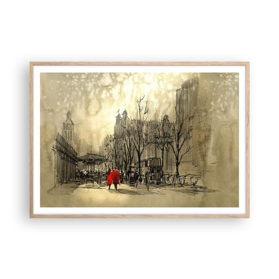 Obraz - Plakat - Randka w londyńskiej mgle  - 100x70cm - Miasto Londyn Architektura - Foto Plakaty w ramie koloru jasny dąb do Salonu Sypialni ARTTOR ARTTOR