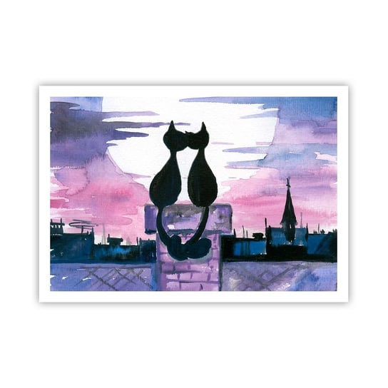 Obraz - Plakat - Rendez-vous pod księżycem - 100x70cm - Koty Na Dachu Architektura Symbol Miłości - Foto Plakaty bez ramy na ścianę do Salonu Sypialni ARTTOR ARTTOR