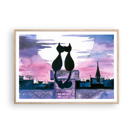 Obraz - Plakat - Rendez-vous pod księżycem - 100x70cm - Koty Na Dachu Architektura Symbol Miłości - Foto Plakaty w ramie koloru jasny dąb do Salonu Sypialni ARTTOR ARTTOR