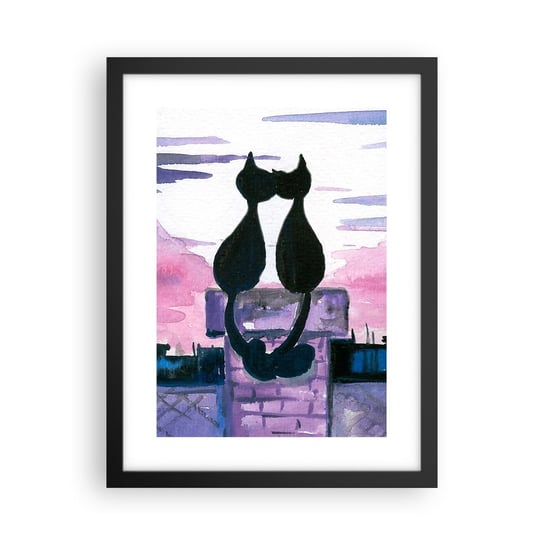 Obraz - Plakat - Rendez-vous pod księżycem - 30x40cm - Koty Na Dachu Architektura Symbol Miłości - Foto Plakaty na ścianę w czarnej ramie - Plakat do Salonu Sypialni ARTTOR ARTTOR