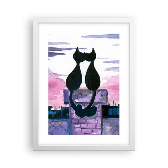 Obraz - Plakat - Rendez-vous pod księżycem - 30x40cm - Koty Na Dachu Architektura Symbol Miłości - Foto Plakaty na ścianę w ramie białej - Plakat do Salonu Sypialni ARTTOR ARTTOR