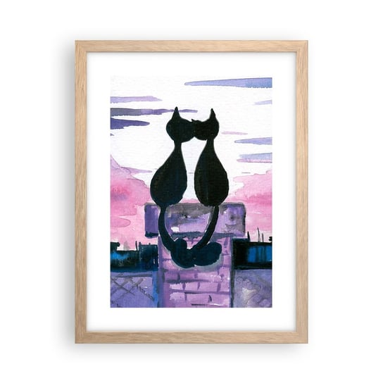 Obraz - Plakat - Rendez-vous pod księżycem - 30x40cm - Koty Na Dachu Architektura Symbol Miłości - Foto Plakaty na ścianę w ramie jasny dąb - Plakat do Salonu Sypialni ARTTOR ARTTOR