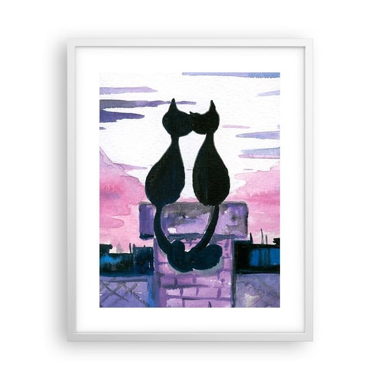 Obraz - Plakat - Rendez-vous pod księżycem - 40x50cm - Koty Na Dachu Architektura Symbol Miłości - Foto Plakaty w ramie koloru białego do Salonu Sypialni ARTTOR ARTTOR