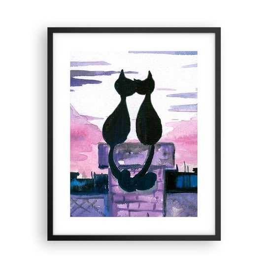 Obraz - Plakat - Rendez-vous pod księżycem - 40x50cm - Koty Na Dachu Architektura Symbol Miłości - Foto Plakaty w ramie koloru czarnego do Salonu Sypialni ARTTOR ARTTOR