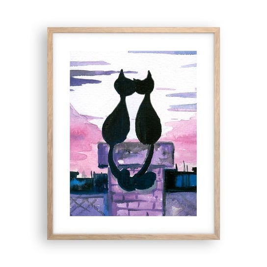 Obraz - Plakat - Rendez-vous pod księżycem - 40x50cm - Koty Na Dachu Architektura Symbol Miłości - Foto Plakaty w ramie koloru jasny dąb do Salonu Sypialni ARTTOR ARTTOR