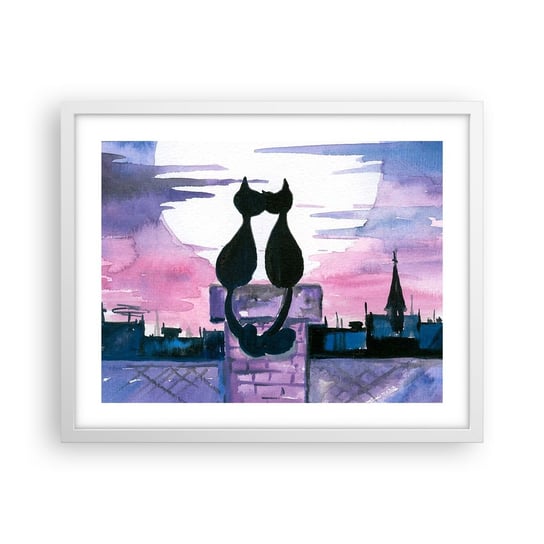 Obraz - Plakat - Rendez-vous pod księżycem - 50x40cm - Koty Na Dachu Architektura Symbol Miłości - Foto Plakaty w ramie koloru białego do Salonu Sypialni ARTTOR ARTTOR