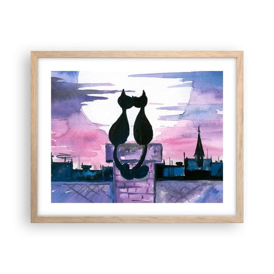 Obraz - Plakat - Rendez-vous pod księżycem - 50x40cm - Koty Na Dachu Architektura Symbol Miłości - Foto Plakaty w ramie koloru jasny dąb do Salonu Sypialni ARTTOR ARTTOR