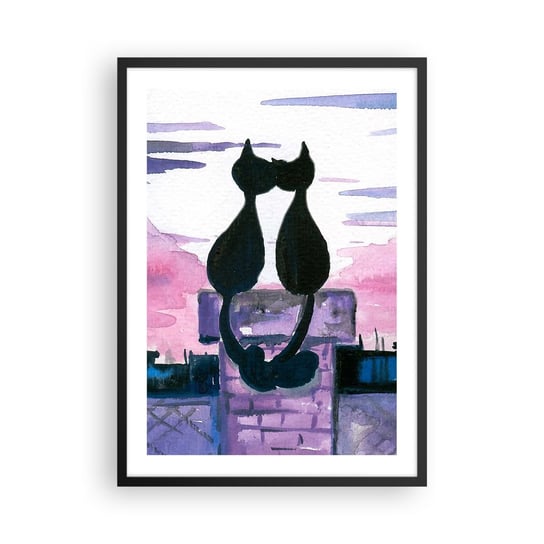 Obraz - Plakat - Rendez-vous pod księżycem - 50x70cm - Koty Na Dachu Architektura Symbol Miłości - Nowoczesny modny obraz Plakat czarna rama ARTTOR ARTTOR