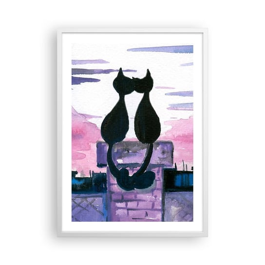 Obraz - Plakat - Rendez-vous pod księżycem - 50x70cm - Koty Na Dachu Architektura Symbol Miłości - Nowoczesny modny obraz Plakat rama biała ARTTOR ARTTOR